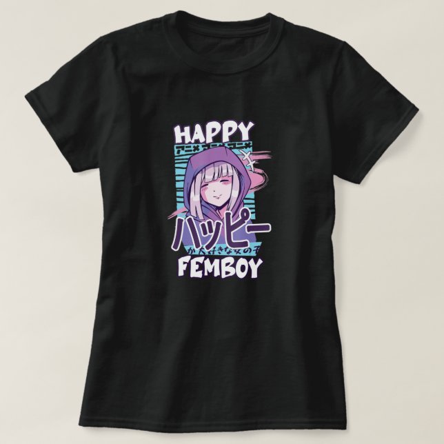 Camiseta Anime Happy Femboy com Happy no japonês - Fofo e (Frente do Design)