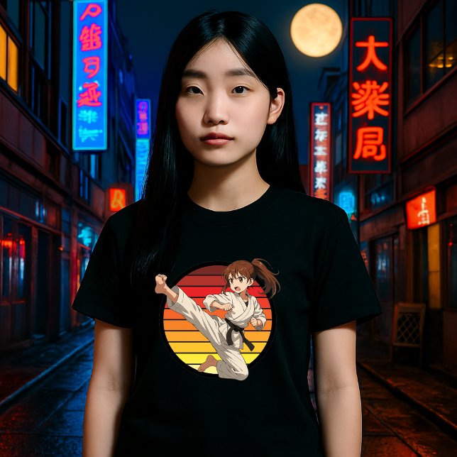 Camiseta Anime Karate Girl On Retro Sunset Template (Criador carregado)