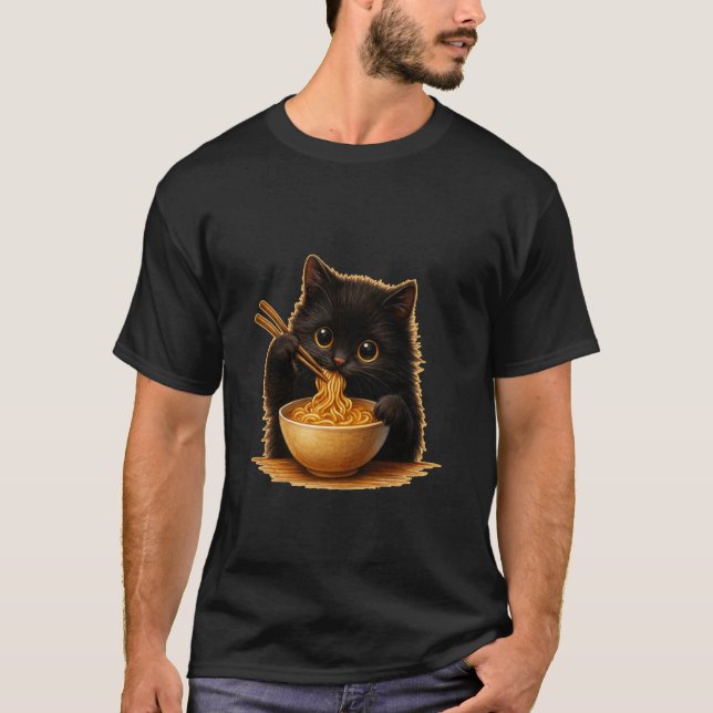 Camiseta Anime Kawaii Cat Eating Ramen Noodles Kids Teen Gi (Frente)