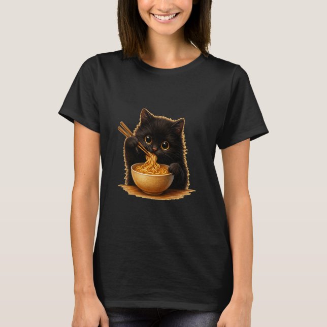 Camiseta Anime Kawaii Cat Eating Ramen Noodles Kids Teen Gi (Frente)