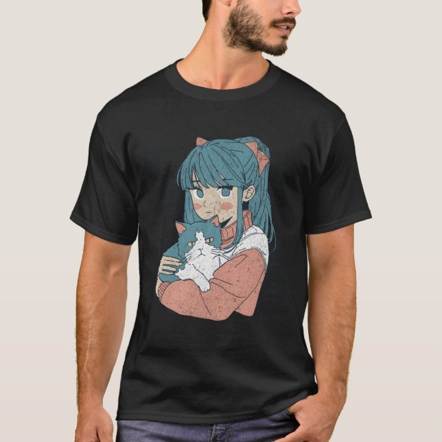 Camiseta Anime Kawaii Com Gatinho Ga Japão (Frente)