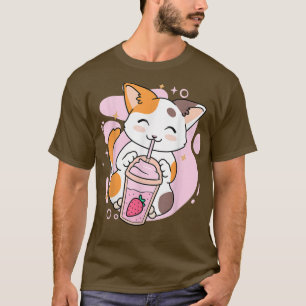 Camiseta Anime Kawaii Neko Gi, um gato bonito, morango-de-m
