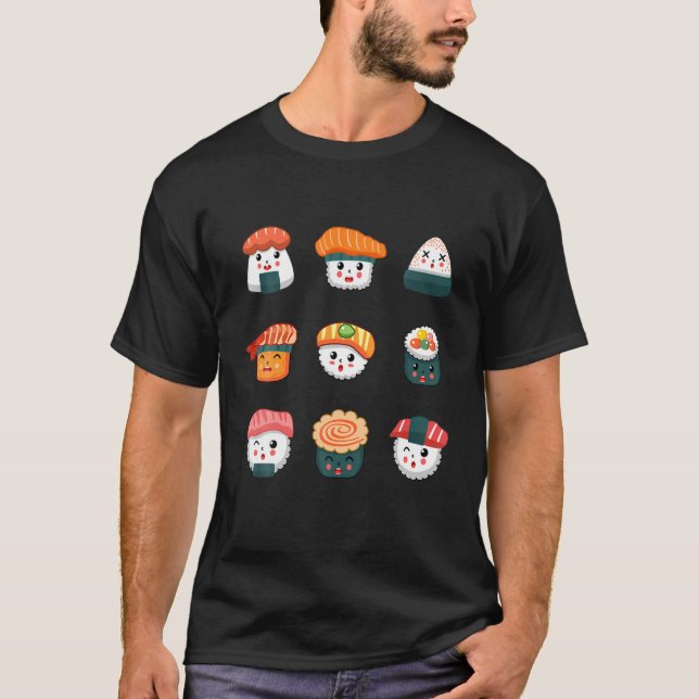 Camiseta Anime Kawaii Sushi Engraçado Conjunto de Comida Ja (Frente)
