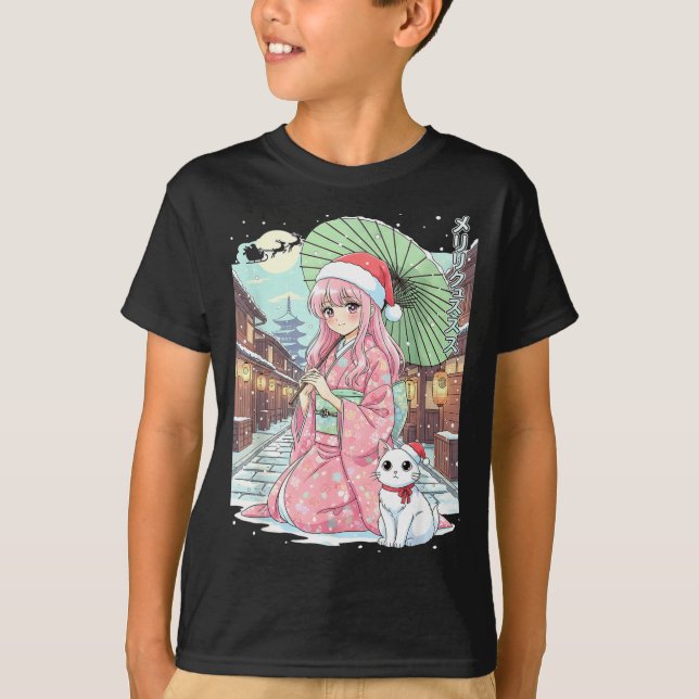 Camiseta Anime Kimono Girl Christmas Japan Cat Xmas Japan A (Frente)