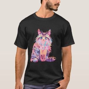 Camiseta Anime Maine Coon Cat Boba Drink Kawaii Gatinho Bub