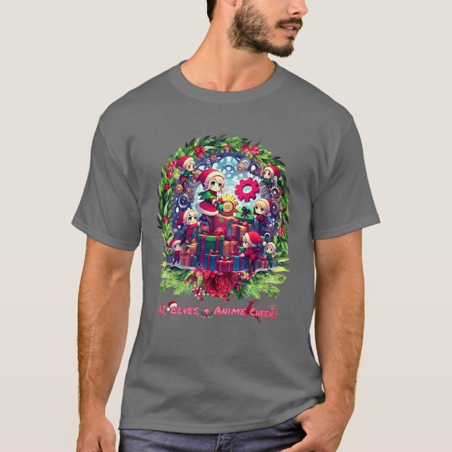 Camiseta Anime Natal: AI Elves & Gears of Joy! (Frente)