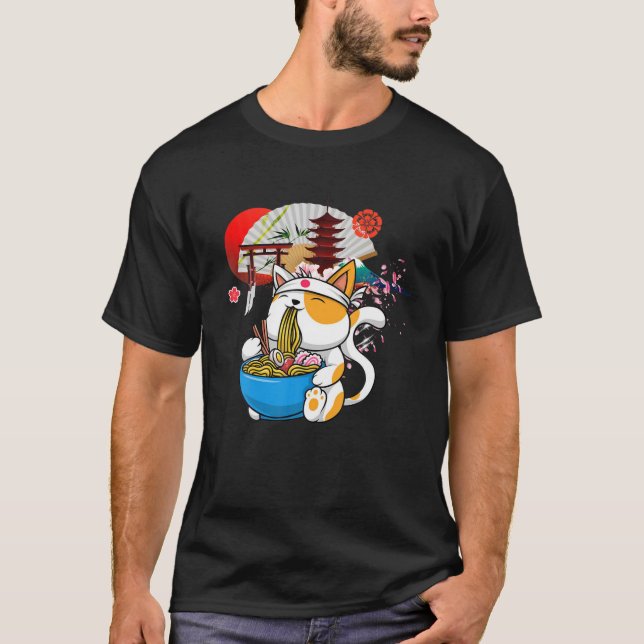 Camiseta Anime Ramen Cat Noodles Japoneses Aestético Kawaii (Frente)
