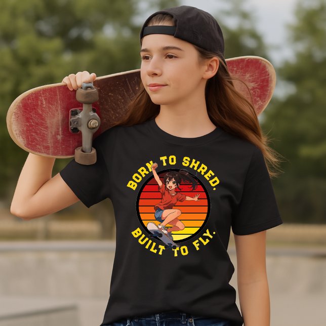 Camiseta Anime Skateboarder Girl On Retro Sunset Template (Criador carregado)