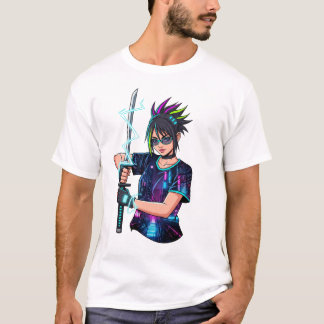 Camiseta Anime Warrior Girl - Cyberpunk Neon Katana