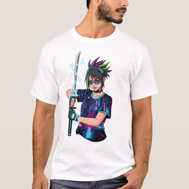 Camiseta Anime Warrior Girl - Cyberpunk Neon Katana (Frente)