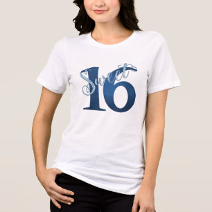 Camiseta Aniversário 16 anos   Glitzy Blue Glam Typografia 