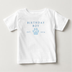 Camiseta Aniversário Azul Menino Xadrez Impressão de Pata d