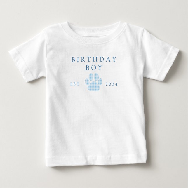 Camiseta Aniversário Azul Menino Xadrez Impressão de Pata d (Frente)