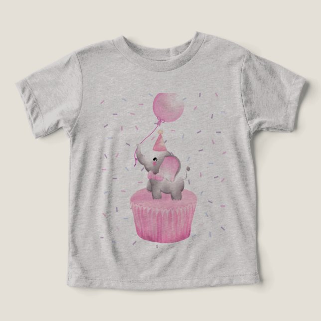 Camiseta Aniversário da Felicidade: Elefante com Cupcake Ba (Design frontal)