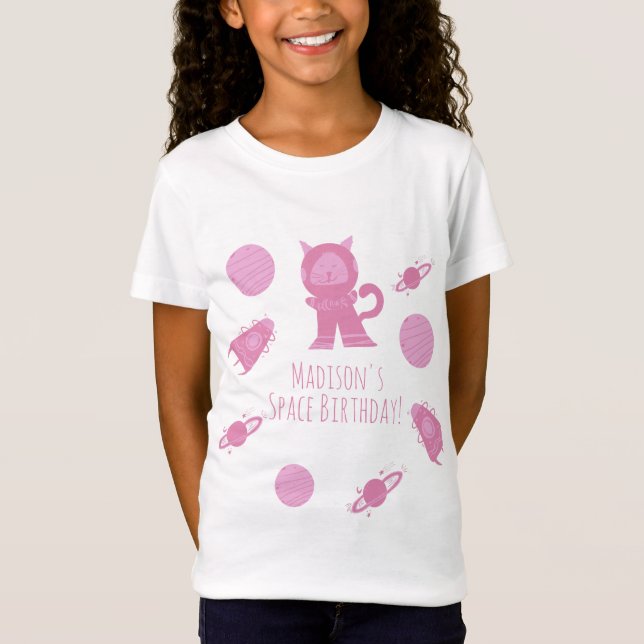 Camiseta Aniversário da Galáxia Rosa de Gato Espacial (Frente)