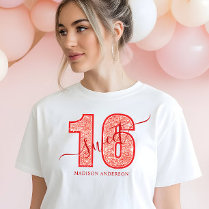 Camiseta Aniversário de 16 anos em Letra de Glitter Vermelh