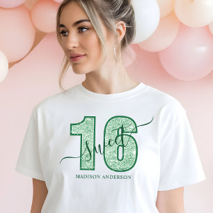 Camiseta Aniversário de 16 anos Green Glitter Script Sweet