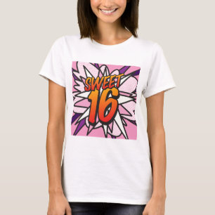 Camiseta Aniversário de 16 anos SWEET em Rosa Arte Pop de Q