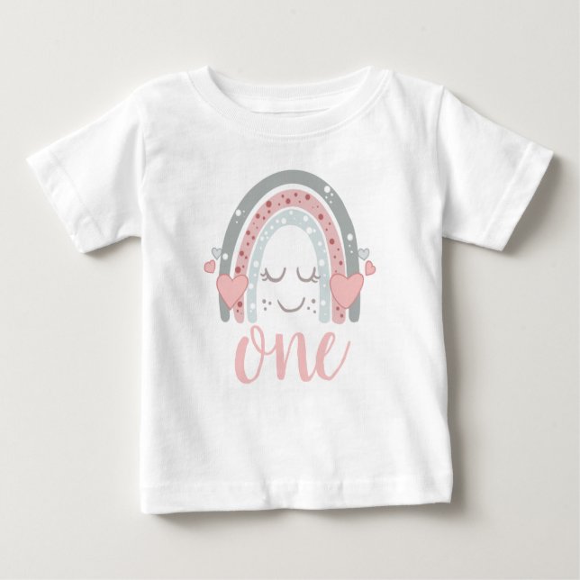 Camiseta Aniversário de 1 ano com Arco-íris Fofo (Frente)