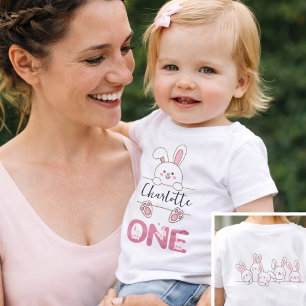 Camiseta Aniversário de 1 ano da Menina Coelhinha Rosa Fofa