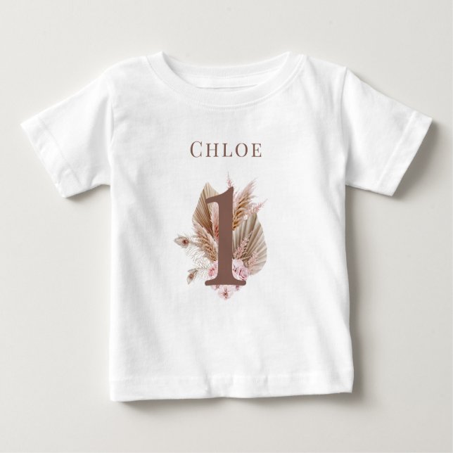 Camiseta Aniversário de 1 ano da Pequena Florzinha boho (Frente)