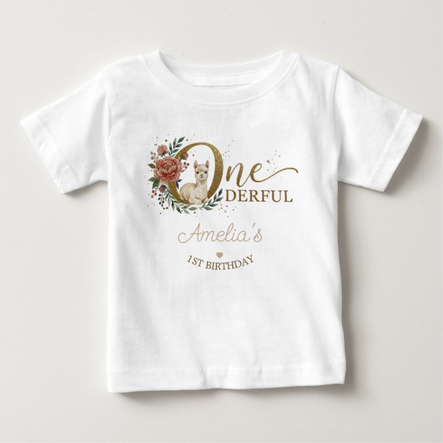 Camiseta Aniversário de 1 ano de Alpaca Boho Rosa Fofa (Frente)