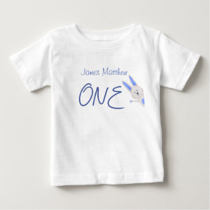 Camiseta Aniversário de 1 ano do Coelho Azul Moderno Capric