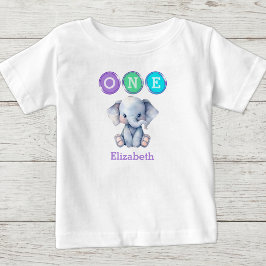 Camiseta Aniversário de 1 ano do Elefante com nome roxo