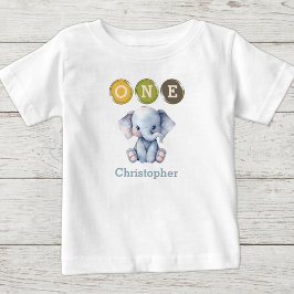 Camiseta Aniversário de 1 ano do Elefante um com nome azul