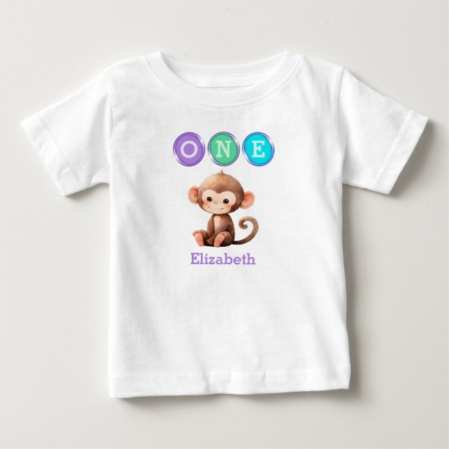 Camiseta Aniversário de 1 ano do macaco com nome roxo (Frente)