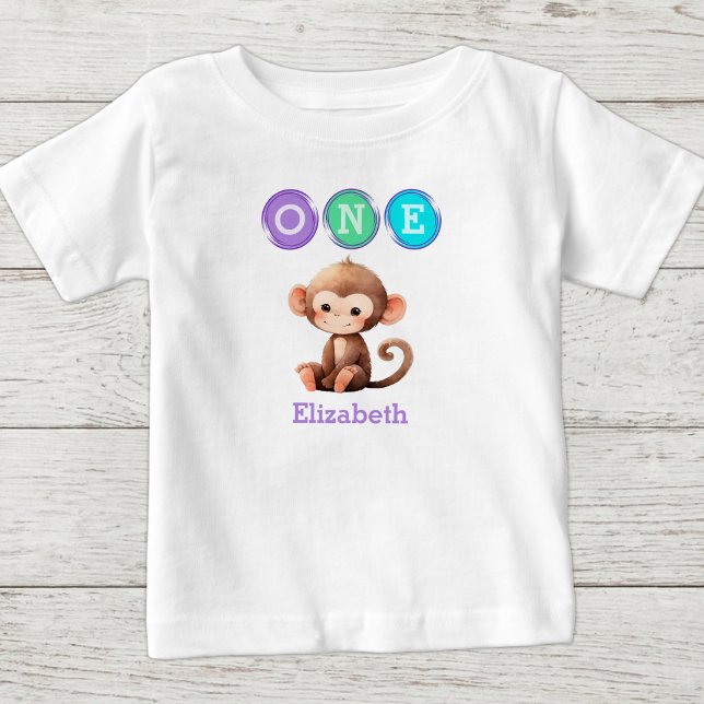 Camiseta Aniversário de 1 ano do macaco com nome roxo (Criador carregado)