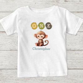 Camiseta Aniversário de 1 ano do macaco com o nome azul