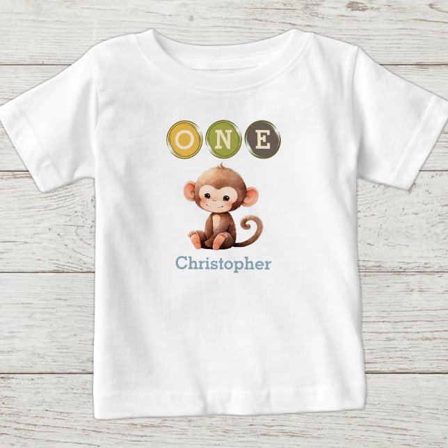 Camiseta Aniversário de 1 ano do macaco com o nome azul (Criador carregado)
