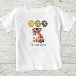 Camiseta Aniversário de 1 ano do Tigre um com nome azul