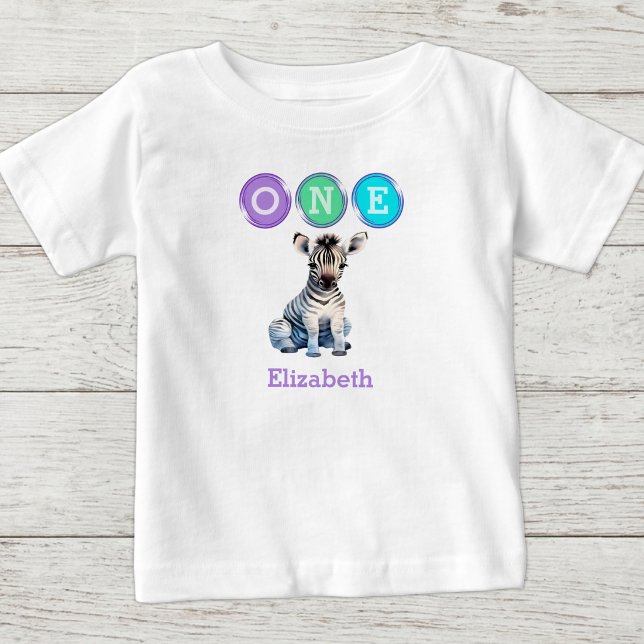Camiseta Aniversário de 1 ano do Zebra um com nome roxo (Criador carregado)