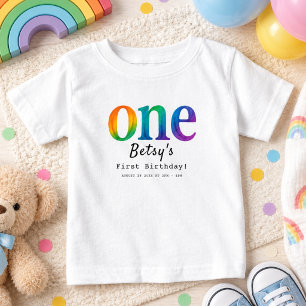 Camiseta Aniversário de 1 ano em Aquarela Arco-íris   Bebê 