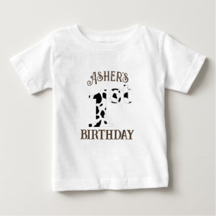 Camiseta Aniversário de 1 ano Impressão de Vaca Texto Marro