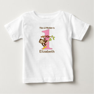 Camiseta Aniversário de 1 ano Pequeno Macaco Rosa