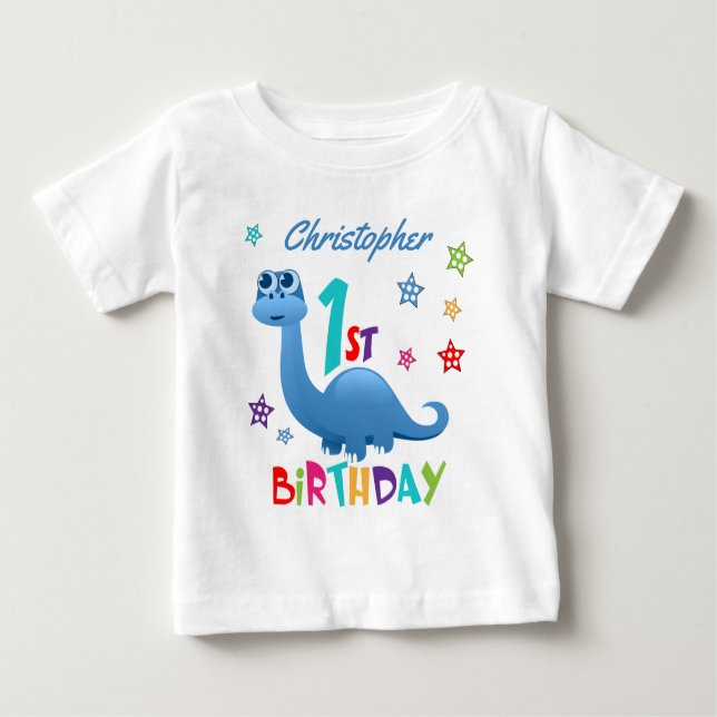 Camiseta Aniversário de 1 Ano Personalizado Dinossauro Azul (Frente)