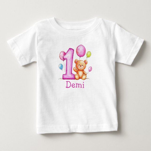 Camiseta Aniversário de 1 ano personalizado rosa para menin (Frente)