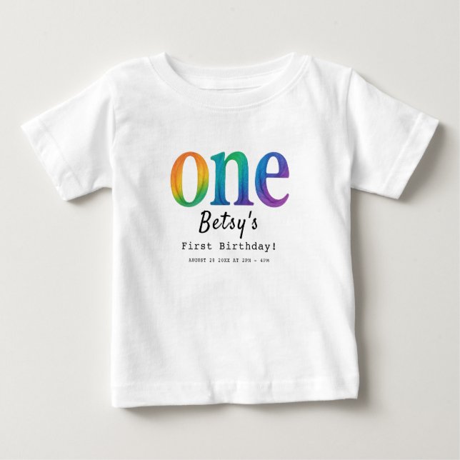 Camiseta Aniversário de 1 ano Rainbow Watercolor | Bebê Col (Frente)