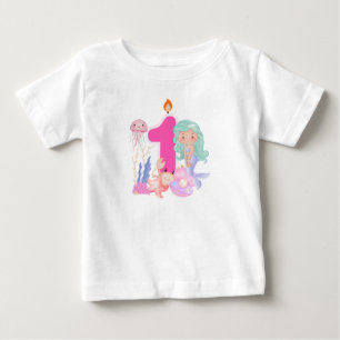 Camiseta Aniversário de 1 ano Sereia Pastel & Criaturas Mar