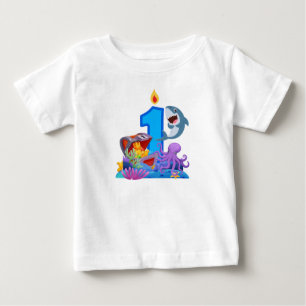 Camiseta Aniversário de 1 ano Tema Oceano Tubarão e Cofre d