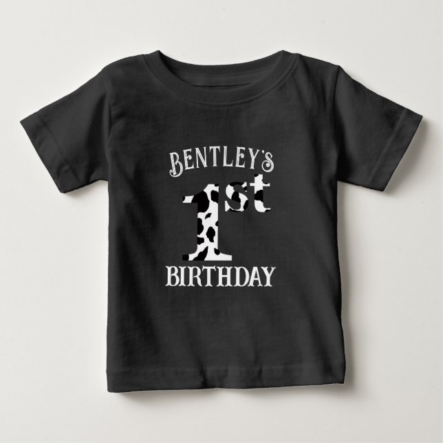 Camiseta Aniversário de 1 ano Vaca Impressão Texto Branco (Frente)
