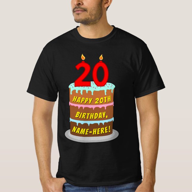 Camiseta Aniversário de 20 — Bolo e Velas Divertidas com No (Frente)