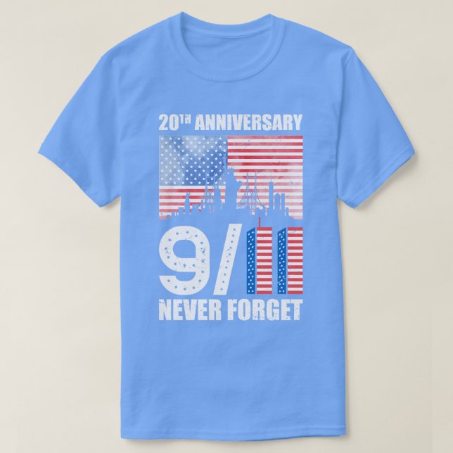 Camiseta Aniversário de 20 do Dia Patriota 911 Nunca Iremos (Frente do Design)