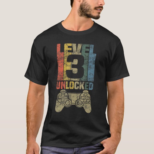 Camiseta Aniversário de 3 anos de Jogador de Vídeo Desbloqu (Frente)