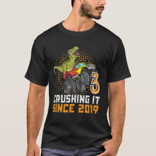 Camiseta aniversário de 3 anos dinossauro caminhão monstro