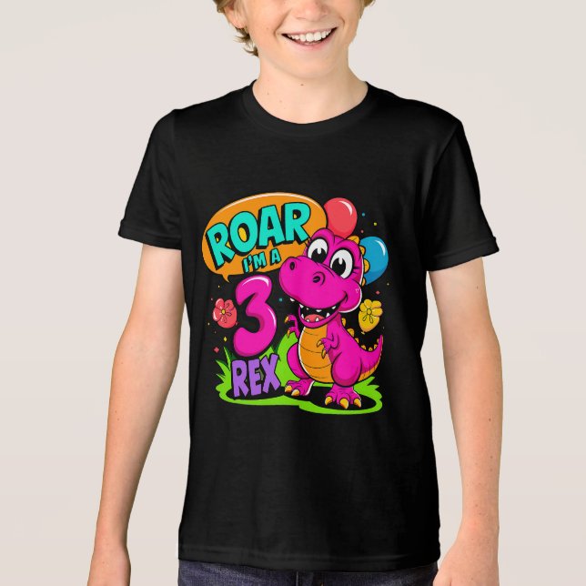 Camiseta aniversário de 3 anos Dinossauro Roar Eu sou Três  (Frente)