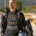 Camiseta aniversário de 40 anos Adicionar seu nome Nascer 1<br><div class="desc">nascer aniversário de 40 anos em 1983 Adicione seu nome Tshirt. Edite o nome e o ano com o modelo fornecido. Uma camiseta de aniversário preta e personalizada. Mais presentes e suprimentos de festas disponíveis com o design "Legendário" na loja.</div>